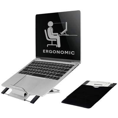 Ein Laptop auf einem verstellbaren Ständer zeigt ein ergonomisches Symbol auf dem Bildschirm. Daneben liegt eine Schutzhülle.