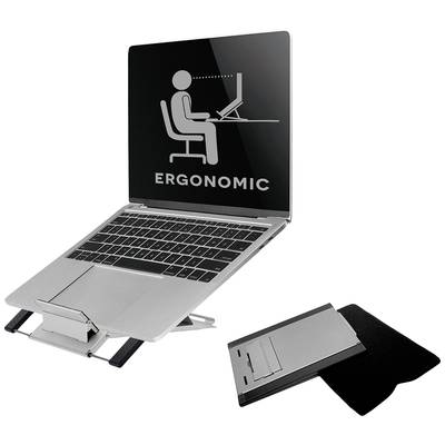 Ein Laptop auf einem ergonomischen Ständer. Auf dem Bildschirm eine Grafik mit einer sitzenden Person vor einem Computer, darunter steht 'Ergonomic'.