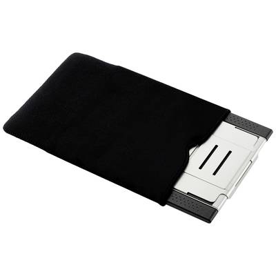Eine schwarze Schutzhülle mit einem teilweise sichtbaren silbernen metallischen Objekt, das darin steckt, möglicherweise eine Kassette oder ein ähnliches Gerät.