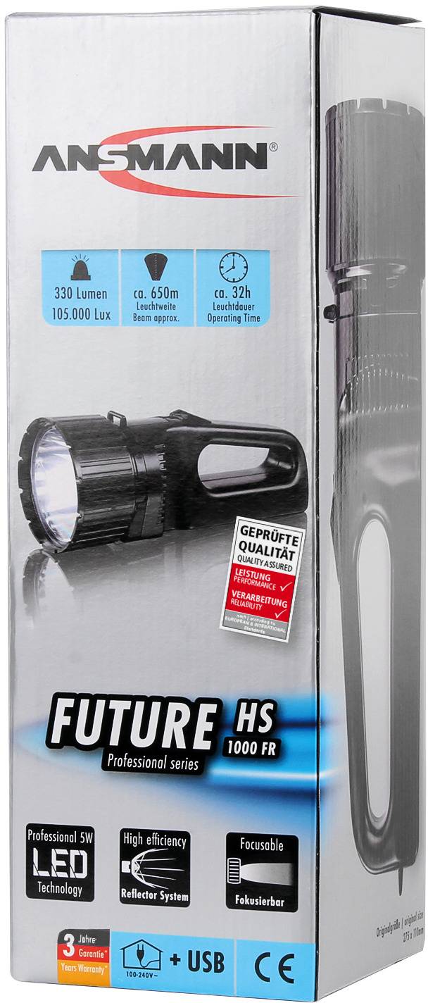 'Taschenlampe ANSMANN Future HS 1000 FR mit 330 Lumen, LED-Technologie, 450 m Leuchtweite und USB-Aufladung.'