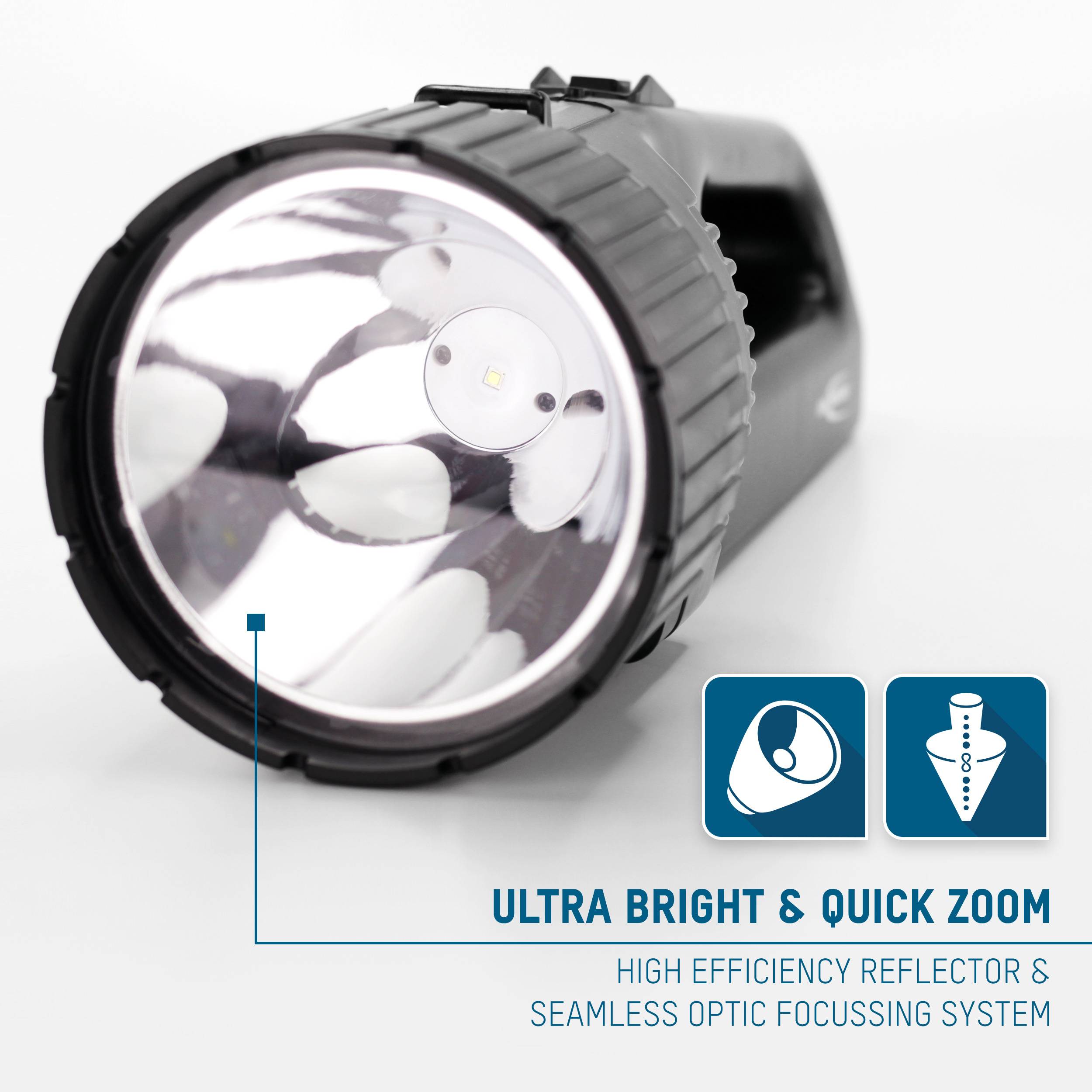 Eine schwarze Taschenlampe mit großem Reflektor, beschriftet mit 'Ultra Bright & Quick Zoom', zeigt ein Symbol für den Fokussierungsmechanismus.