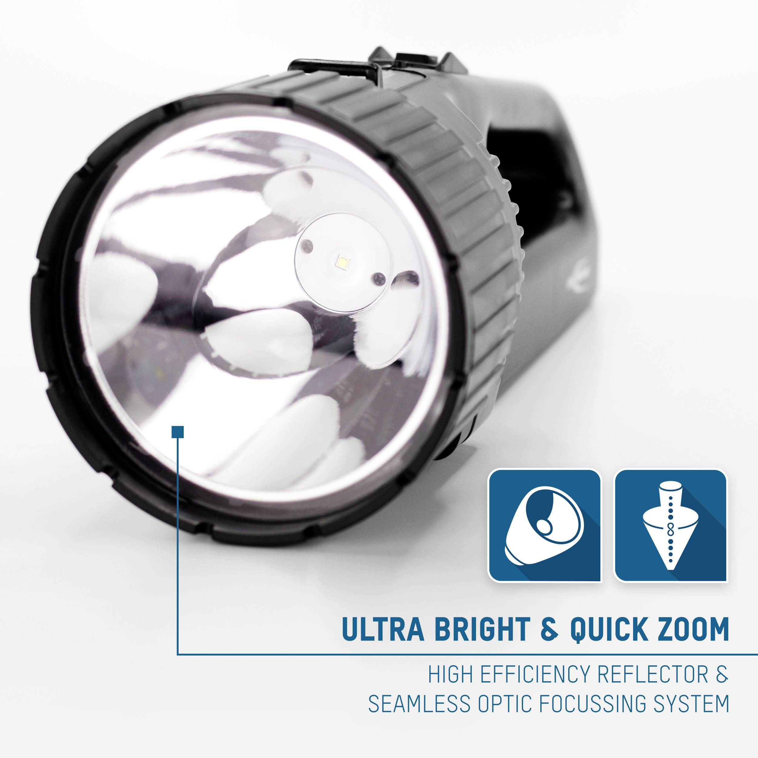 'Taschenlampe mit hoher Leuchtkraft und schnellem Zoom. Text: Ultra Bright & Quick Zoom, High Efficiency Reflector & Seamless Optic Focusing System.'