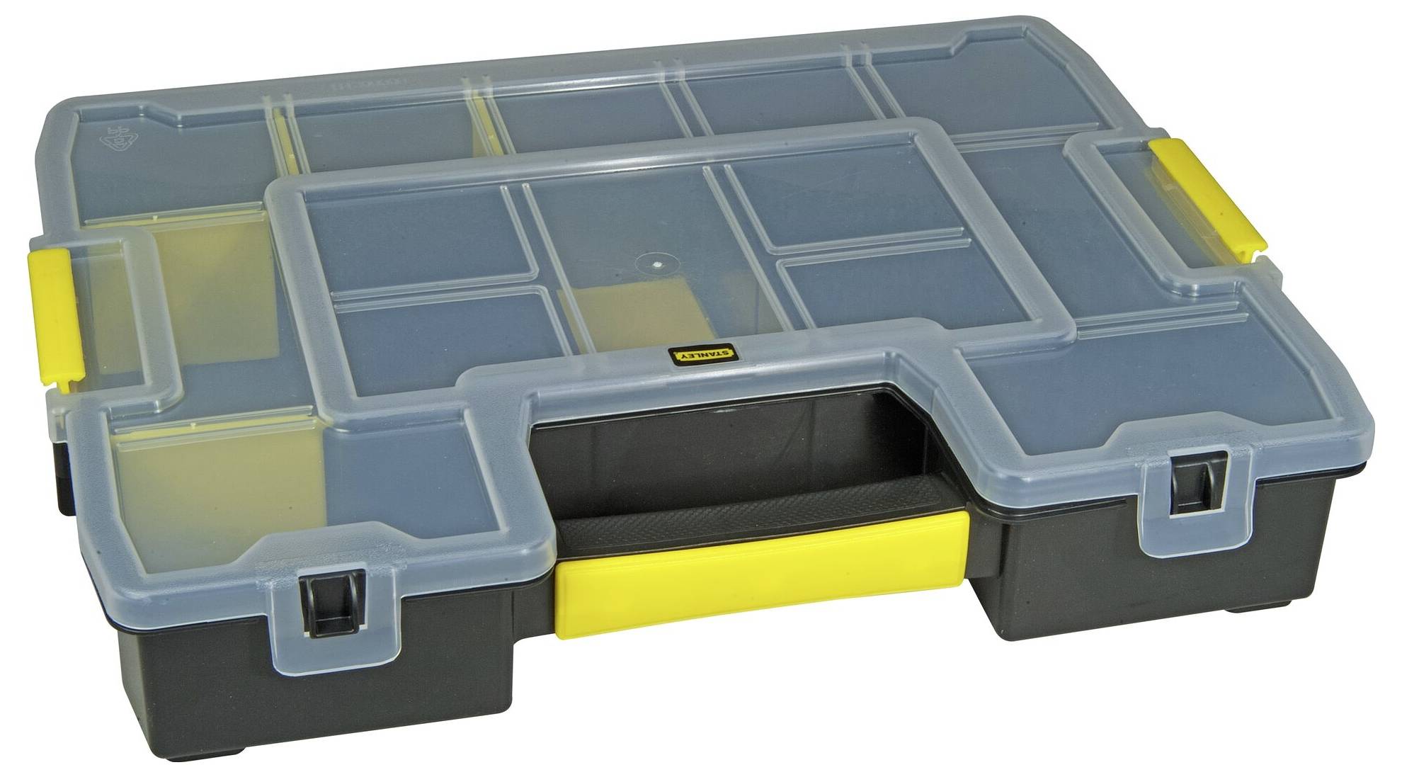 Transparente Sortierbox mit gelbem Verschluss und mehreren Fächern zur Aufbewahrung von Kleinteilen.
