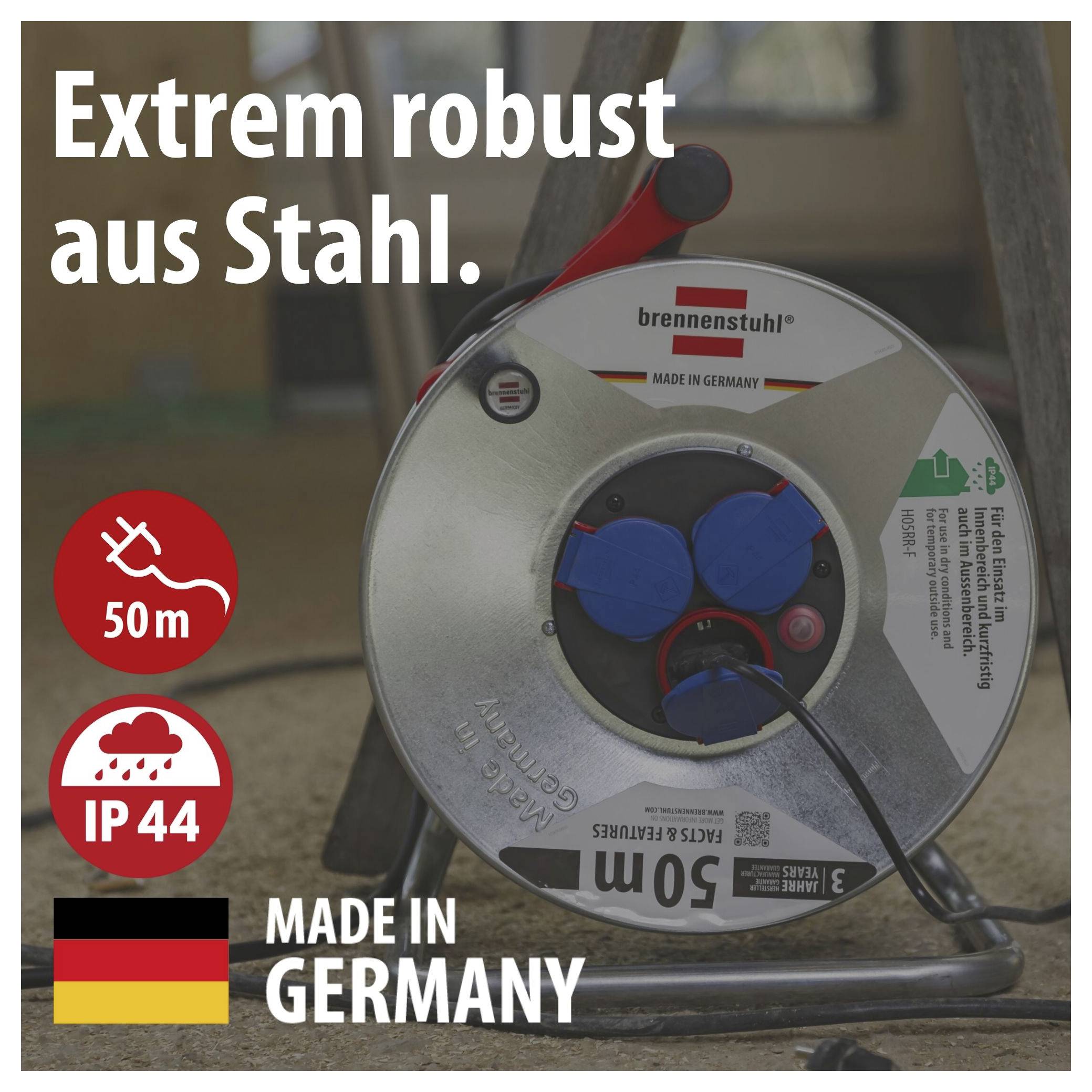 Robuste Stahl-Kabeltrommel von Brennenstuhl mit 50 m, IP44 und 'Made in Germany'; Produktfoto mit deutschem Qualitätsversprechen.