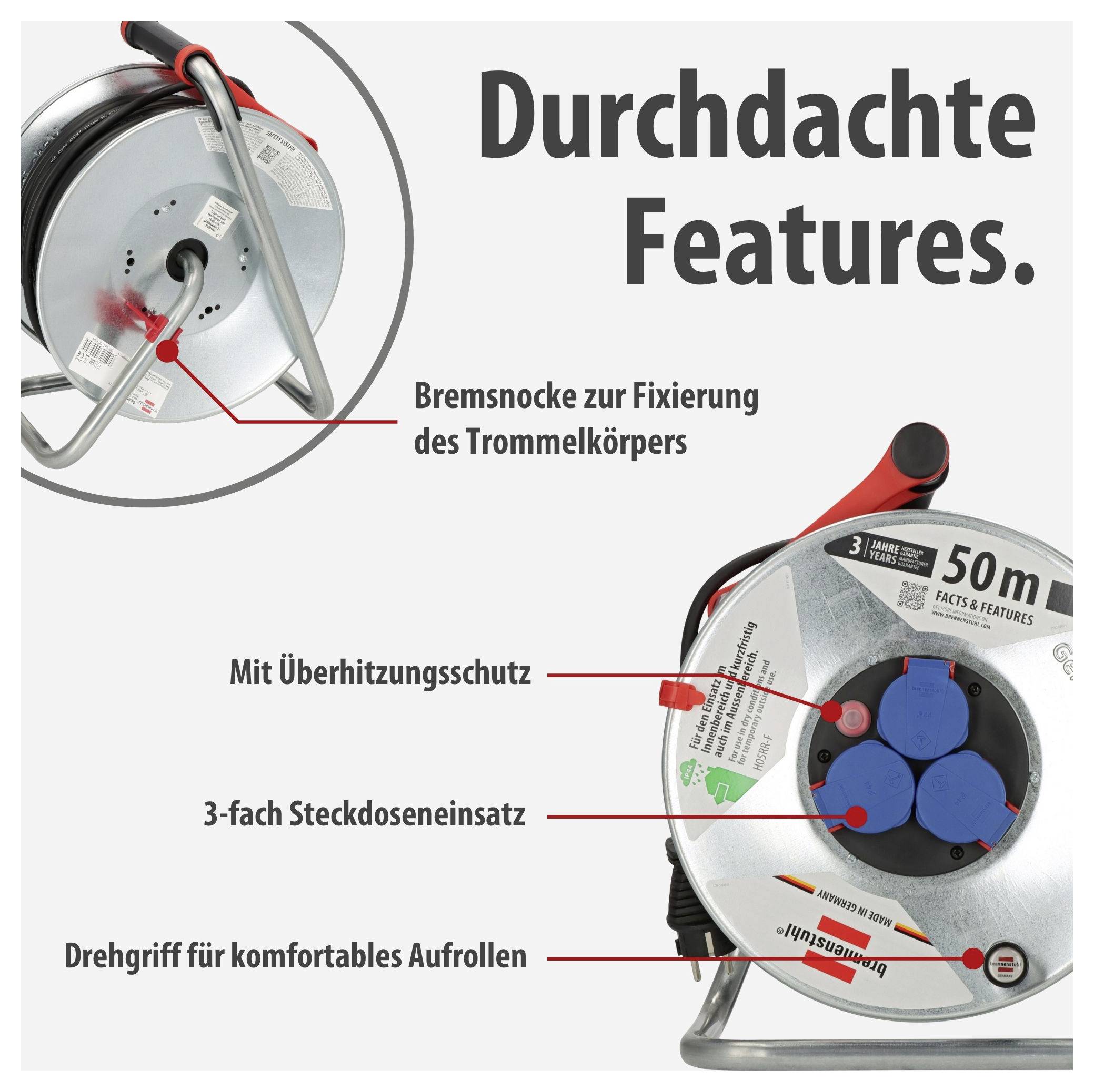 Werbegrafik einer Kabeltrommel mit 'Durchdachte Features': Bremsnocke, Überhitzungsschutz, 3-fach-Steckdoseneinsatz und Drehgriff zum Aufrollen.