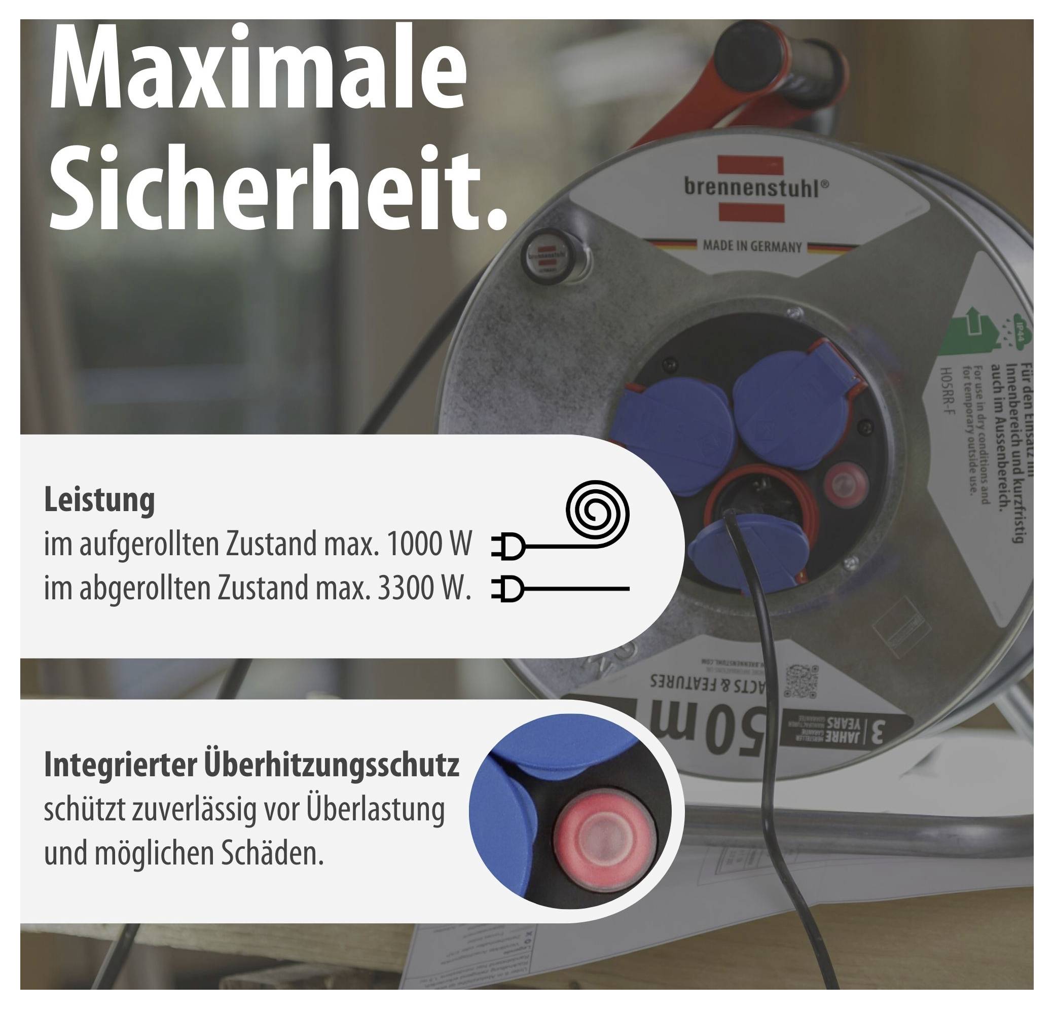 Werbeanzeige für eine Kabeltrommel: 'Maximale Sicherheit', integrierter Überhitzungsschutz, Leistung 1000 W aufgerollt und 3300 W abgerollt.