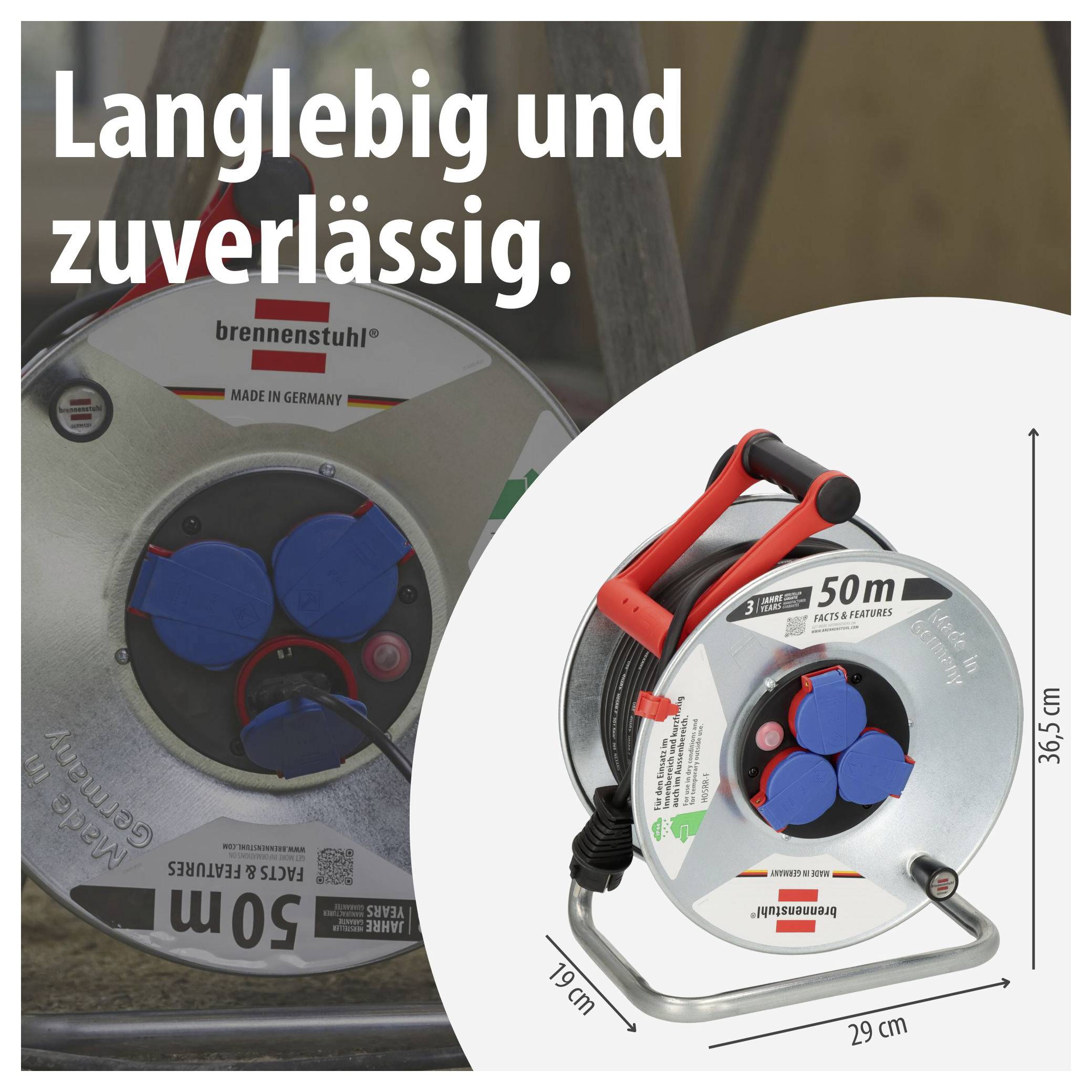 Werbetext mit zwei Kabeltrommeln: links unscharf im Einsatz, rechts Produktabbildung einer 50-m-Trommel mit Maßen 29 cm, 36,5 cm und 19 cm; Text 'Langlebig und zuverlässig.'<br>