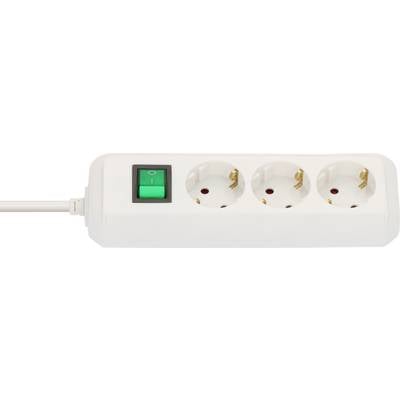 Weiße Steckdosenleiste mit drei europäischen Steckdosen und einem grünen Ein-/Ausschalter auf der linken Seite, verbunden mit einem Stromkabel.
