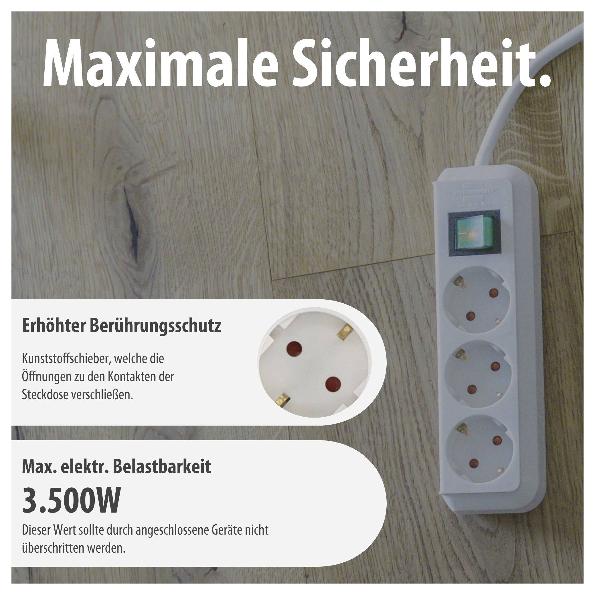 Werbeanzeige für Steckdosenleiste: 'Maximale Sicherheit' mit erhöhtem Berührungsschutz und max. elektrischer Belastbarkeit 3.500W; Steckdosenleiste auf Holzboden.<br>
