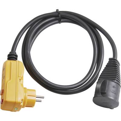 Gelber Elektrostecker-Adapter mit angebrachtem schwarzem Stromkabel und zweipoliger Buchse auf weißem Hintergrund