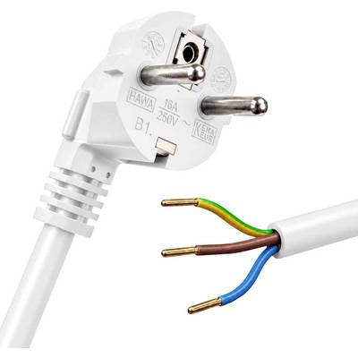 Nahaufnahme eines weißen EU-Stromsteckers und freiliegenden Kabeldrähten mit grün-gelben, braunen und blauen Leitern für die elektrische Verbindung.
