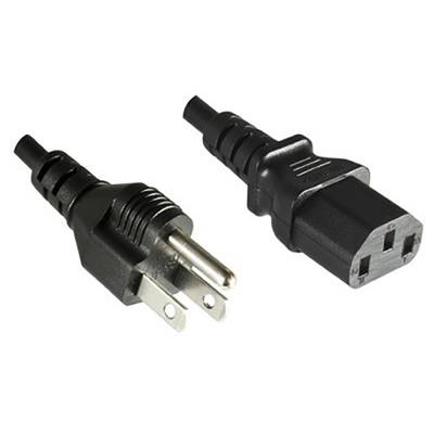 Zwei schwarze Stromkabel: links ein zweipoliger Stecker, rechts eine dreipolige Buchse. Beide Enden zeigen Verbindungsaufnahme.