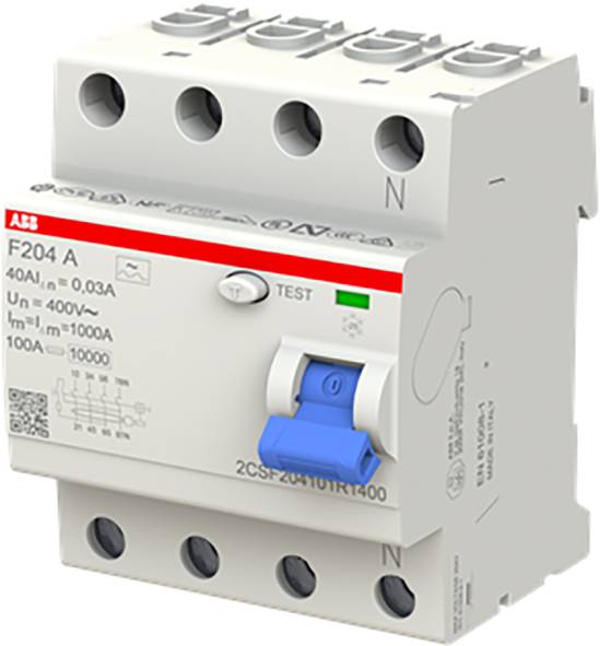 Ein FI-Schutzschalter von ABB, Modell F204 A, 40A, 400V, mit blauer Testtaste. Geeignet für den Schutz elektrischer Installationen.