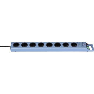 Ein blauer Achtfach-Steckdosenleiste mit Stromkabel, einem grün beleuchteten Wippschalter und einem kleinen Statusanzeiger am rechten Ende.