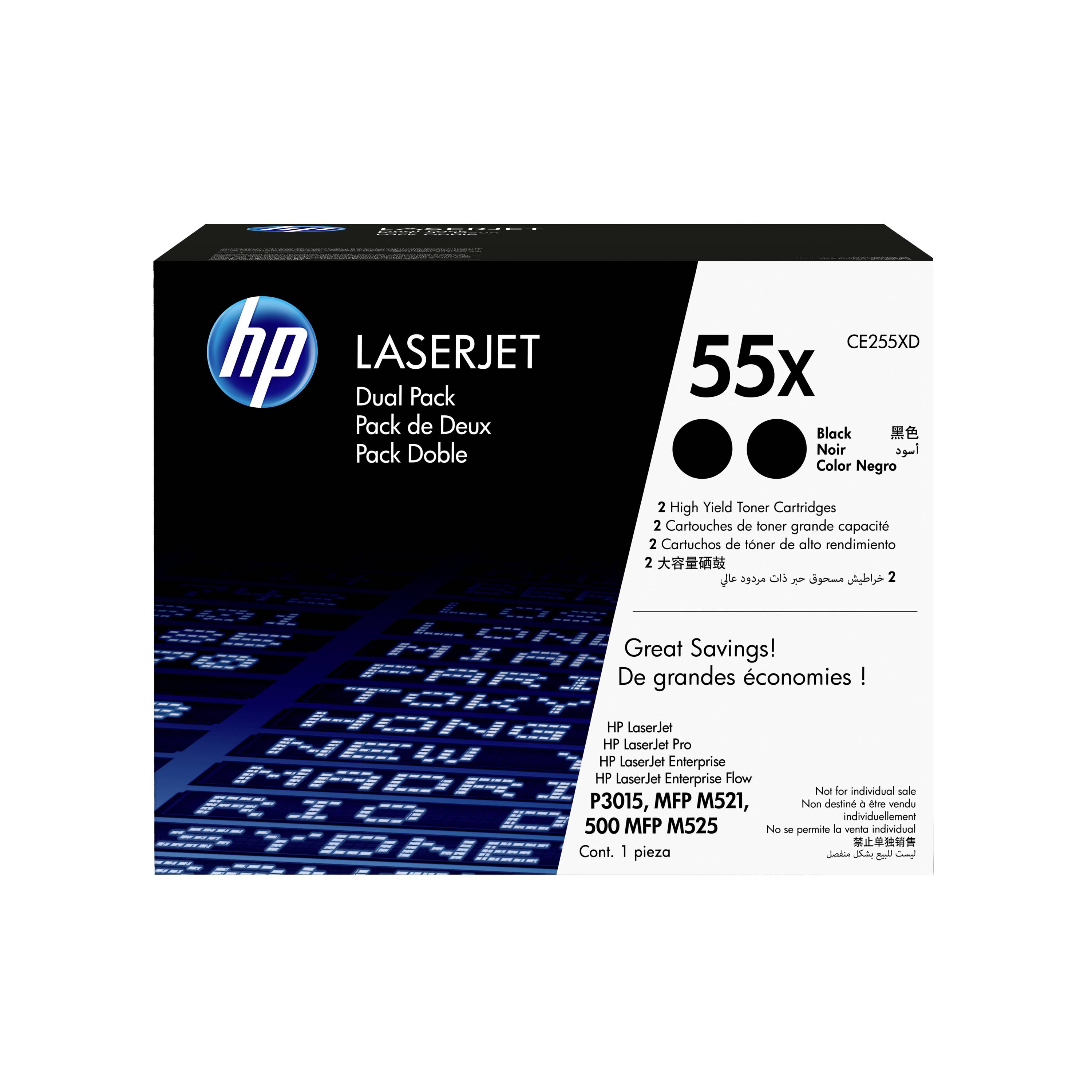 HP LaserJet Dual-Pack schwarze Tonerkartusche, 55X, für Drucker P3015/MFP M521/500 MFP M525.