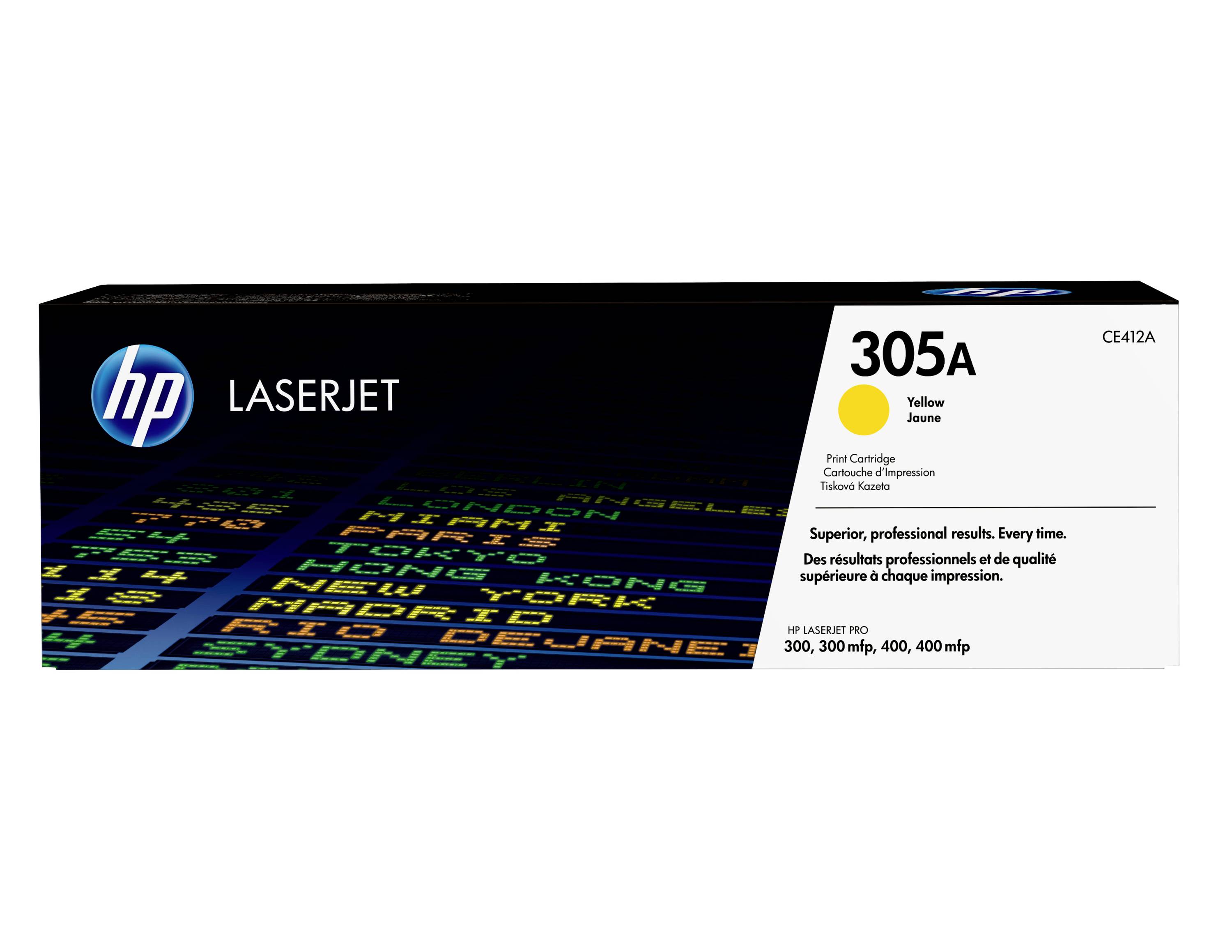 HP LaserJet 305A Gelber Tonerpatrone Box, zeigt Patronenmodell CE412A und Druckleistungsinformationen.