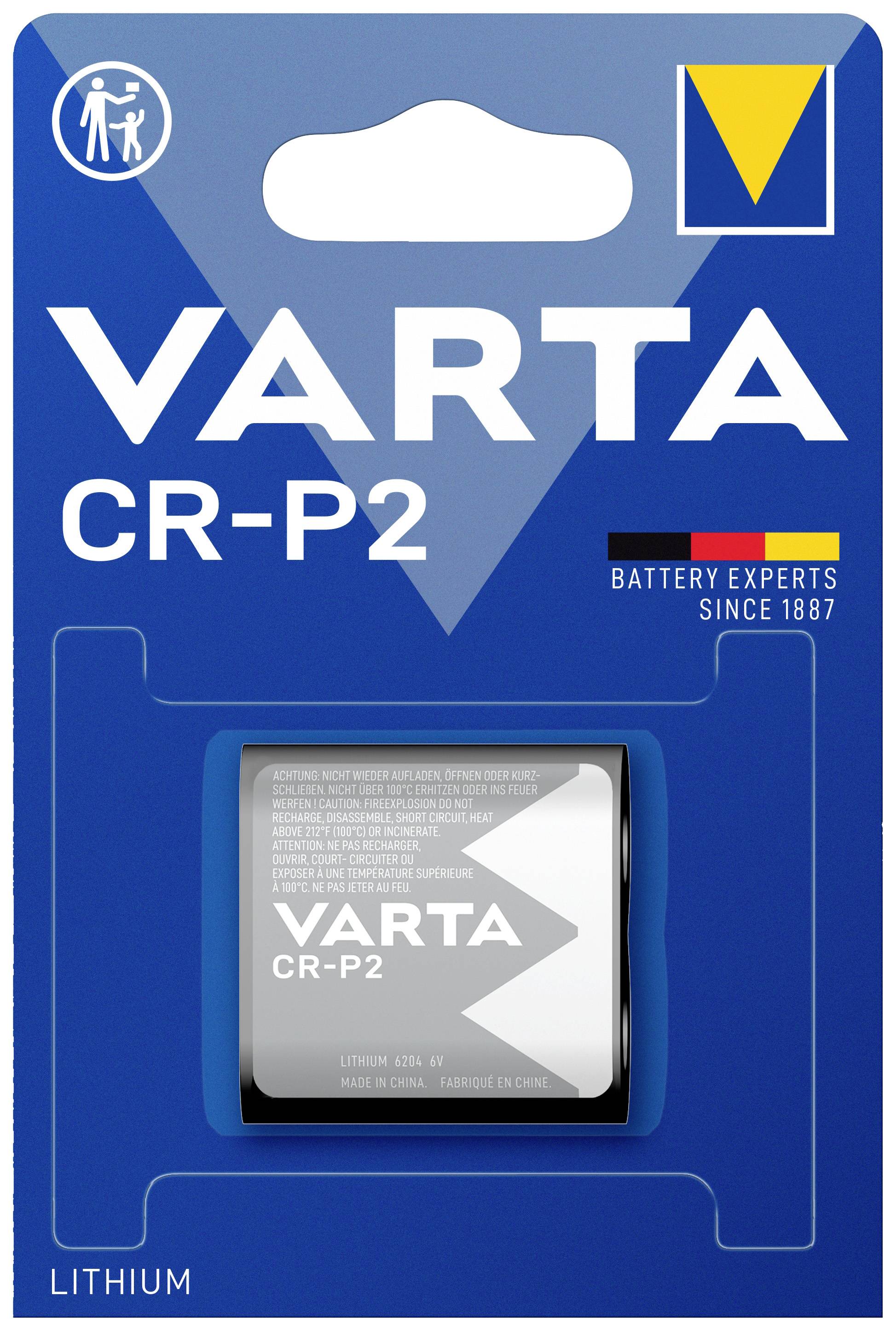 Eine VARTA CR-P2 Lithium-Batterie in Originalverpackung. Text: 'BATTERY EXPERTS SINCE 1887.'