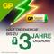 GP Super Alkaline Batterie, Darstellung einer Batterie mit Blitzsymbol, Text: 'Hält die Energie bis zu 3 Jahre Lagerung'.