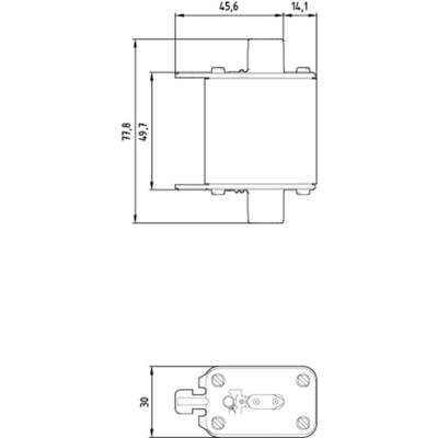 Technische Zeichnung eines rechtwinkligen Getriebes. Maßangaben: 77,8 mm Höhe, 49,7 mm Breite, 30 mm Länge.