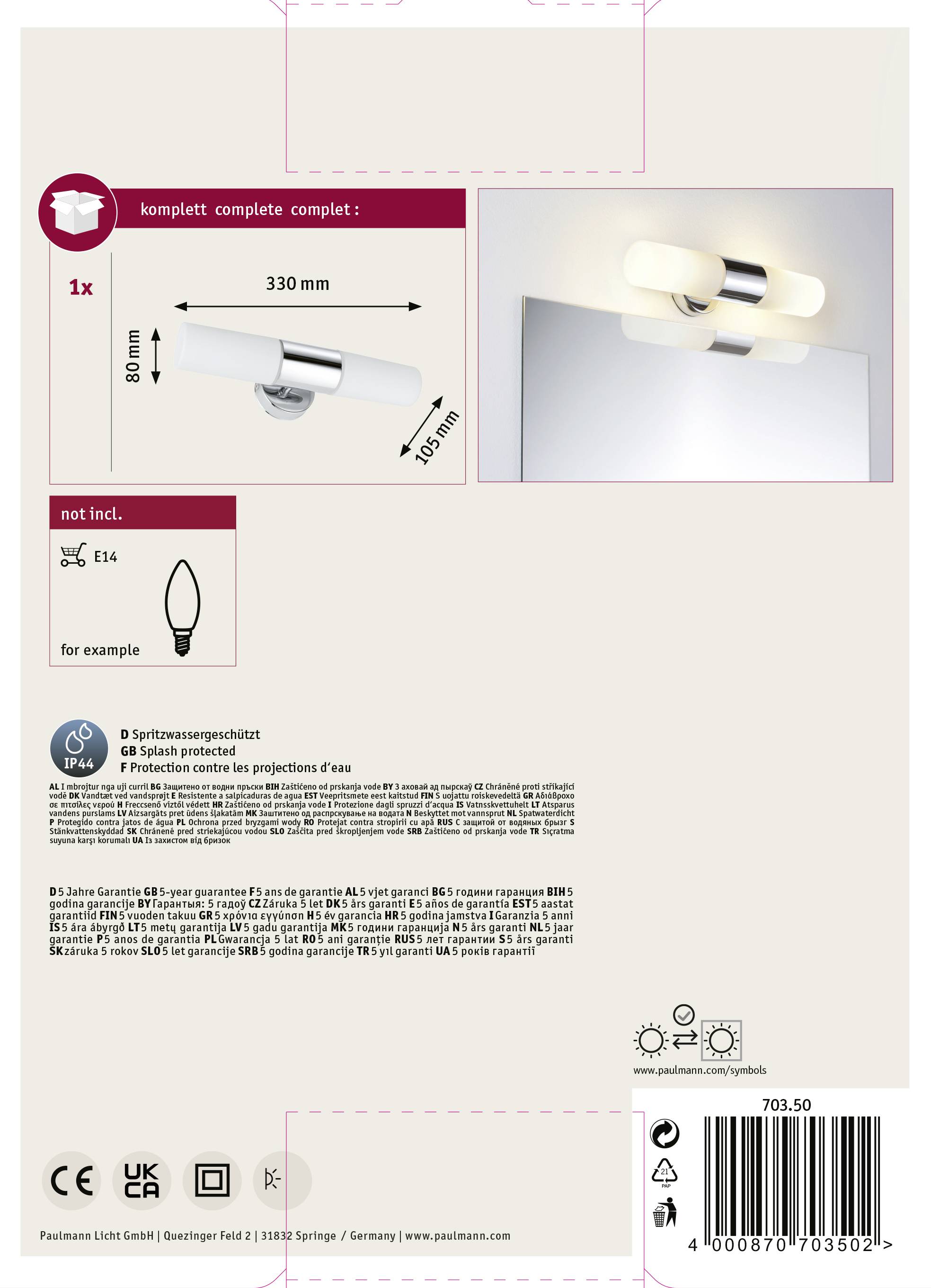 'Produktverpackung für eine Lampe: zeigt eine Wandlampe mit zwei Leuchten über einem Spiegel. Inklusive: eine Glühbirne, Typ E14.'