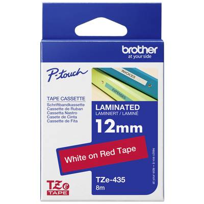 Das Bild zeigt eine Verpackung einer Brother P-touch Schriftbandkassette. Sie ist 12mm breit, laminiert und weiß auf rotem Band.