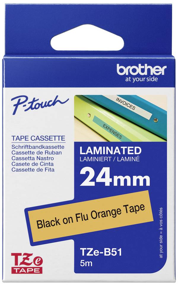 Etiketten Brother TZe TZe-B51 PET Bandfarbe: Signal-Orange Schriftfarbe:Schwarz 24 mm 5 m