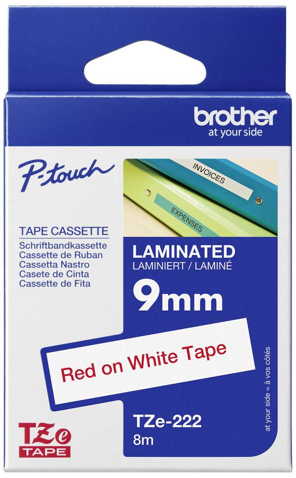 Schriftband Brother TZe TZe-222 PET Bandfarbe: Weiß Schriftfarbe:Rot 9 mm 8 m