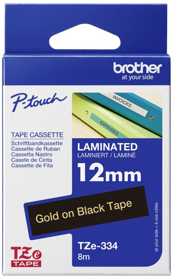 Etiketten Brother TZe TZe-334 PET Bandfarbe: Schwarz Schriftfarbe:Gold 12 mm 8 m