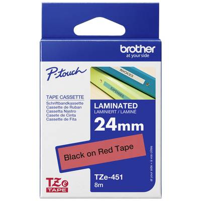 Verpackung einer laminierte Schriftbandkassette 'Black on Red Tape', 24mm x 8m, P-touch von Brother für Etikettiergeräte.