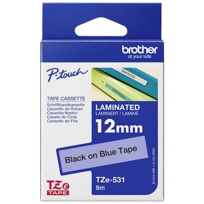 Verpackung einer Brother P-touch Schriftbandkassette. Enthält ein 12 mm breites Band mit der Aufschrift 'Black on Blue Tape', 8 m lang.