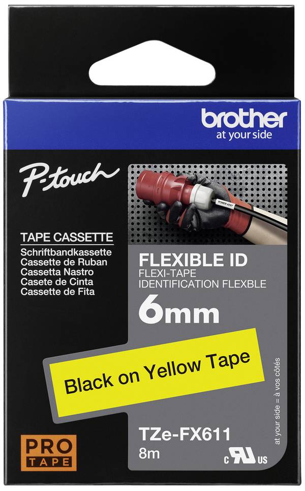 Etiketten Brother TZe-FX TZe-FX611 Bandfarbe: Gelb Schriftfarbe:Schwarz 6 mm 8 m