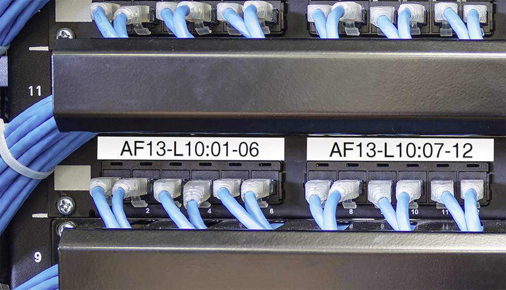 'Ein Netzwerk-Patchpanel mit mehreren blauen Ethernet-Kabeln, die in nummerierte Anschlüsse eingesteckt sind.'