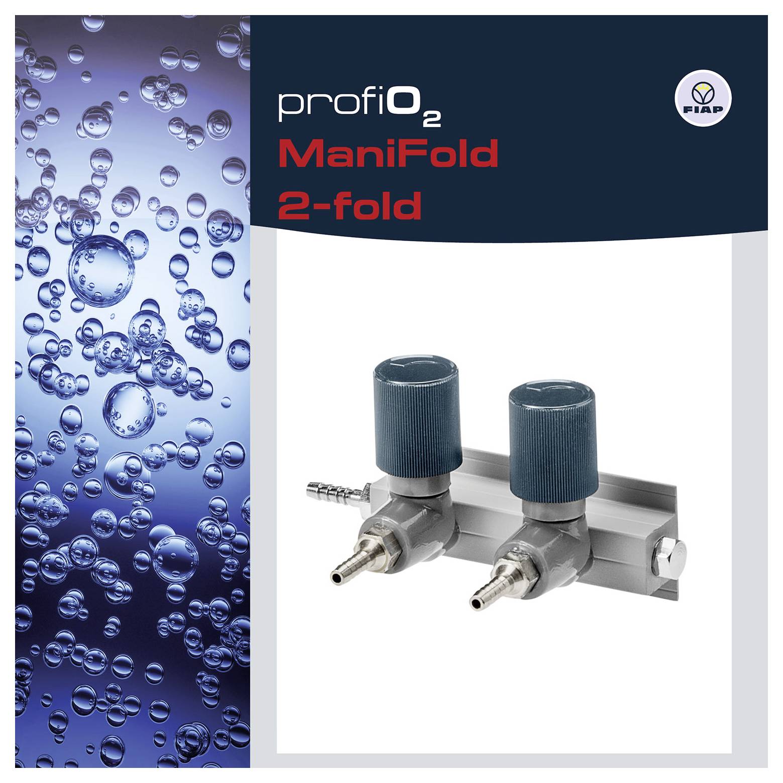 Produktbild für „profiO2 ManiFold 2-fach" zeigt einen Gas-Verteiler mit zwei Ausgängen mit blauen Stellreglern und FIAP-Logo, neben einer Wasser-Blasen-Grafik.