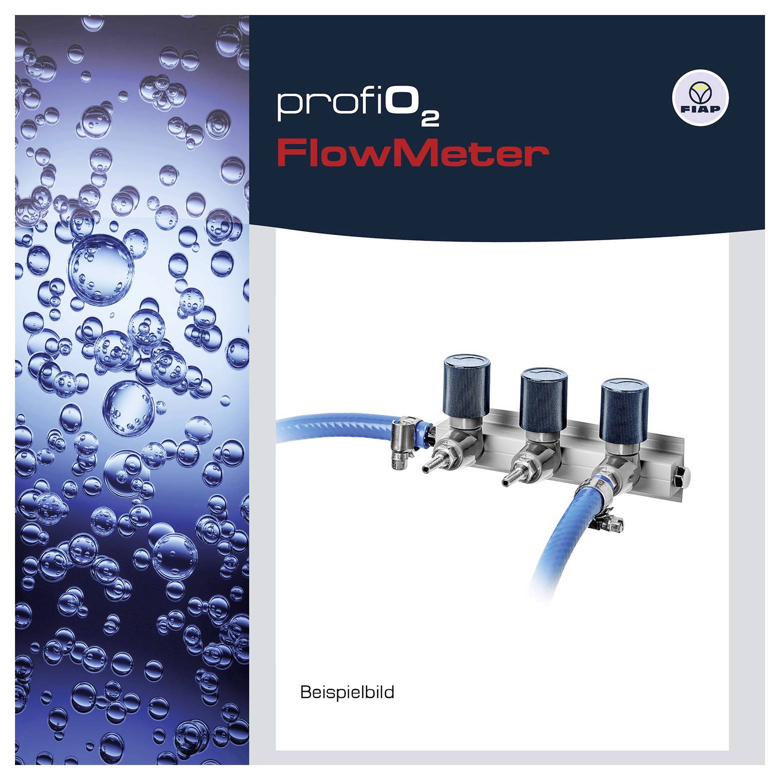 Produktbroschürenabdeckung für "profi O2 FlowMeter", das ein Gasdurchflussmesser mit blauem Schlauch und einer Grafik mit blasengefiltertem Wasser zeigt; "Beispielbild" erscheint darunter.