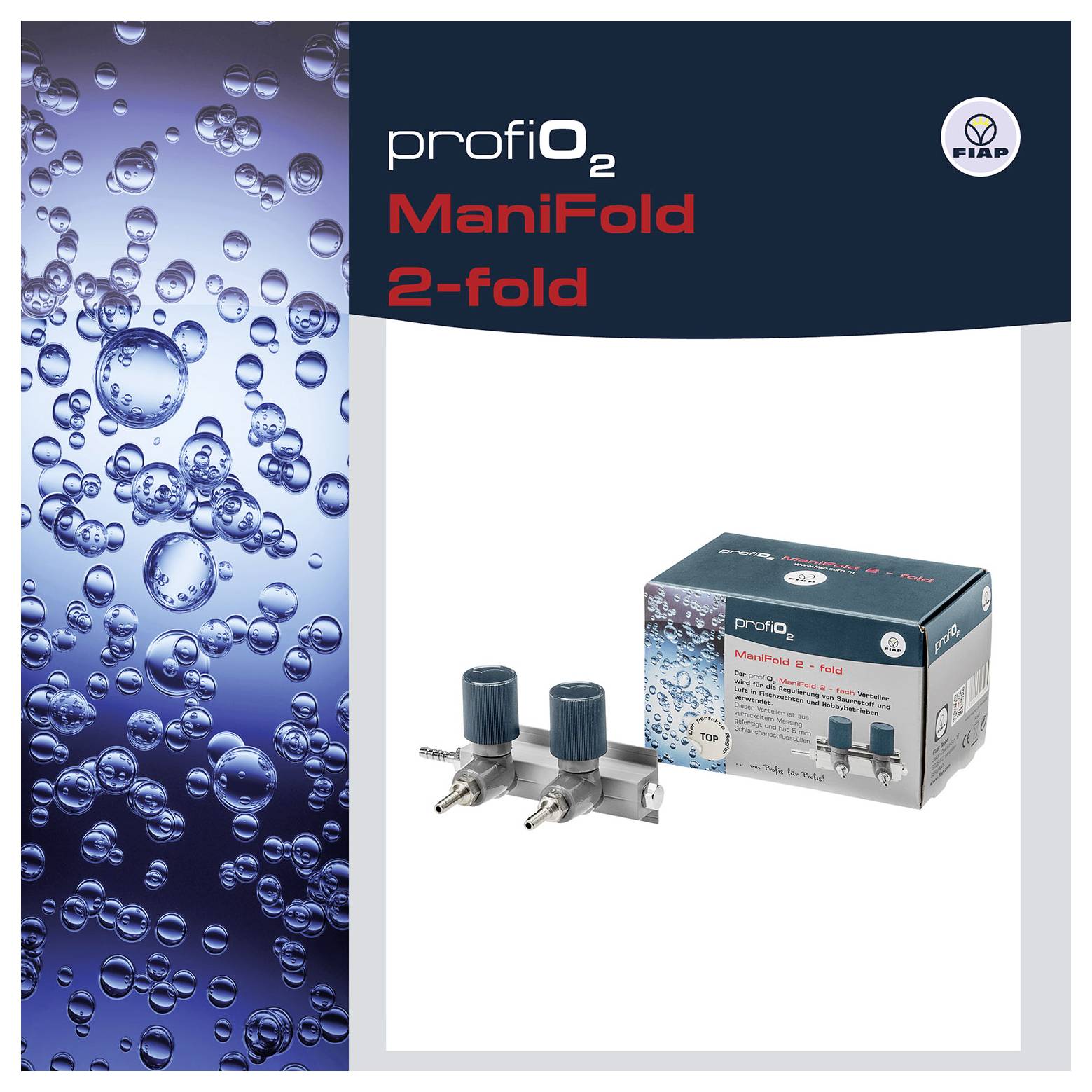 Produktverpackung für 'profiO2 ManiFold 2-fold' mit einer Doppel-Gasverteilerventileinheit und ihrer Schachtel, mit einer Wasser-Blasen-Grafik auf der linken Seite.