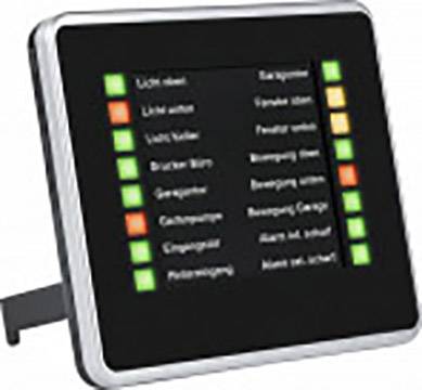 Ein elektronisches Anzeigetablett mit mehreren leuchtenden Kontrollleuchten und Beschriftungen zur Überwachung von Systemstatus.