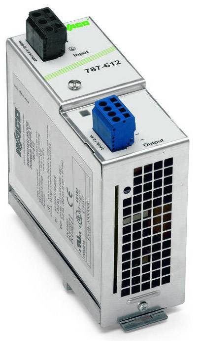Industrielle Stromversorgungseinheit von Wago mit zwei Anschlüssen, einem schwarzen für den Eingang und einem blauen für den Ausgang. Modellnummer: 787-612.