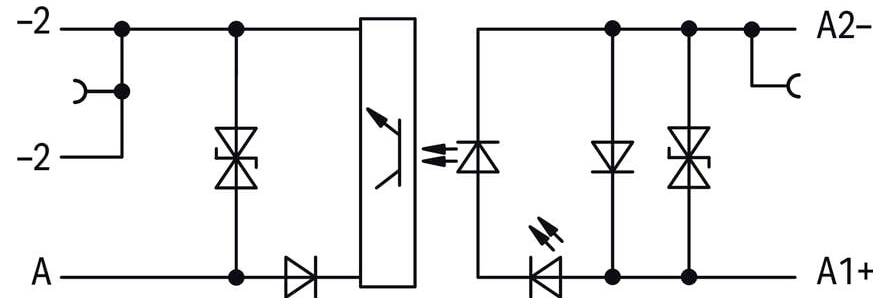 Schaltschema für Stromlaufplan mit Dioden, Widerstand und Optokoppler, das die Signalisolation zwischen Eingang „A" und Ausgängen „A1+" und „A2−" anzeigt.