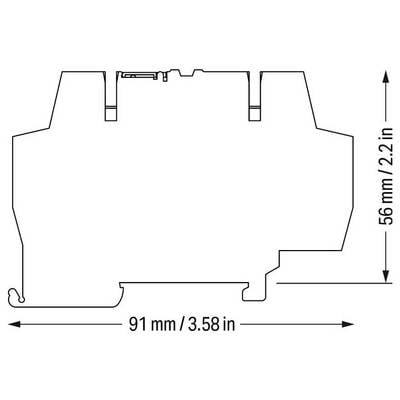 Diagramm, das die Abmessungen eines elektronischen Geräts zeigt, mit einer Breite von 91 mm (3,58 Zoll) und einer Höhe von 56 mm (2,2 Zoll).