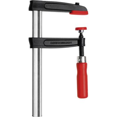 Eine rote Schraubzwinge mit Metallstütze, verwendet zum sicheren Fixieren von Werkstücken während der Bearbeitung.
