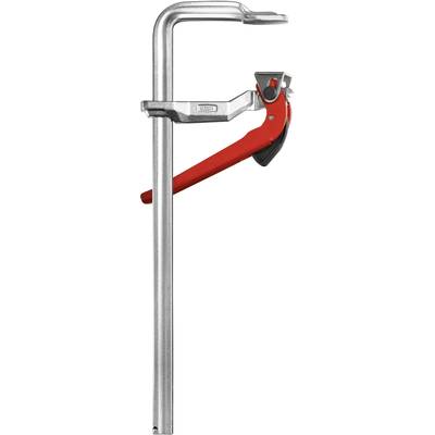 Eine silberne Zwinge mit einem roten Griff, verwendet zum Fixieren von Materialien in einer bestimmten Position.