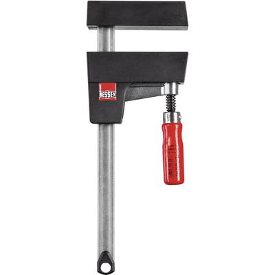 Eine schwarze Schraubzwinge mit rotem Griff, auf dem 'Bessey' steht. Sie wird zum Fixieren von Werkstücken genutzt.