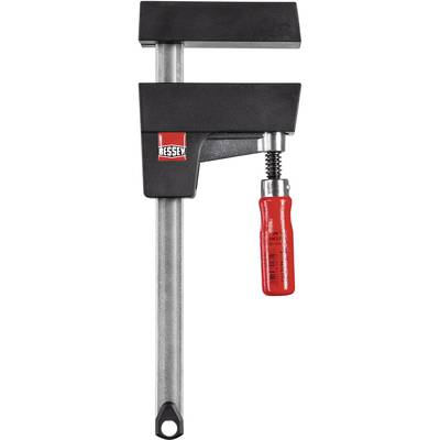 Schraubzwinge mit rotem Griff und Metallkörper, Marke 'Bessey', geeignet zum Fixieren von Werkstücken in Werkstätten.