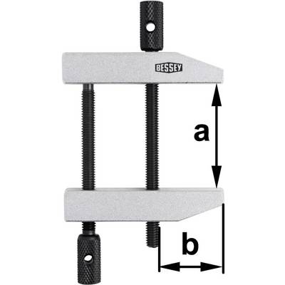 Vertikale Schraubzwinge mit zwei schwarzen Gewindespindeln, die parallele Aluminiumschienen verbinden. Maße 'a' und 'b' markiert.