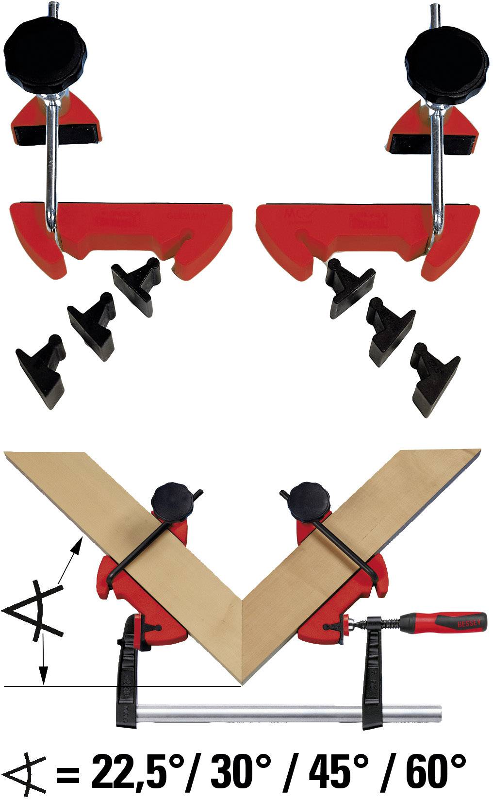 Holz-Winkelspanner mit Schraubzwingen zur Fixierung. Verschiedene Einsatzmöglichkeiten bei 22,5°, 30°, 45° und 60° Winkeln.
