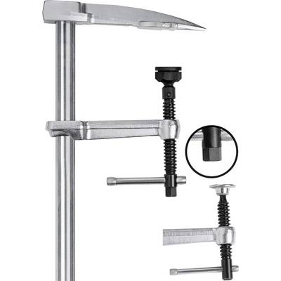 Große Klemme mit Stahlschiene und schwenkbarer Druckplatte. Nahaufnahme zeigt das Gewinde und den Spannmechanismus.
