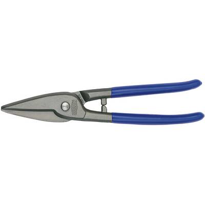 Eine Blechschere mit blauen Griffen, die zum Schneiden von Metall verwendet wird.