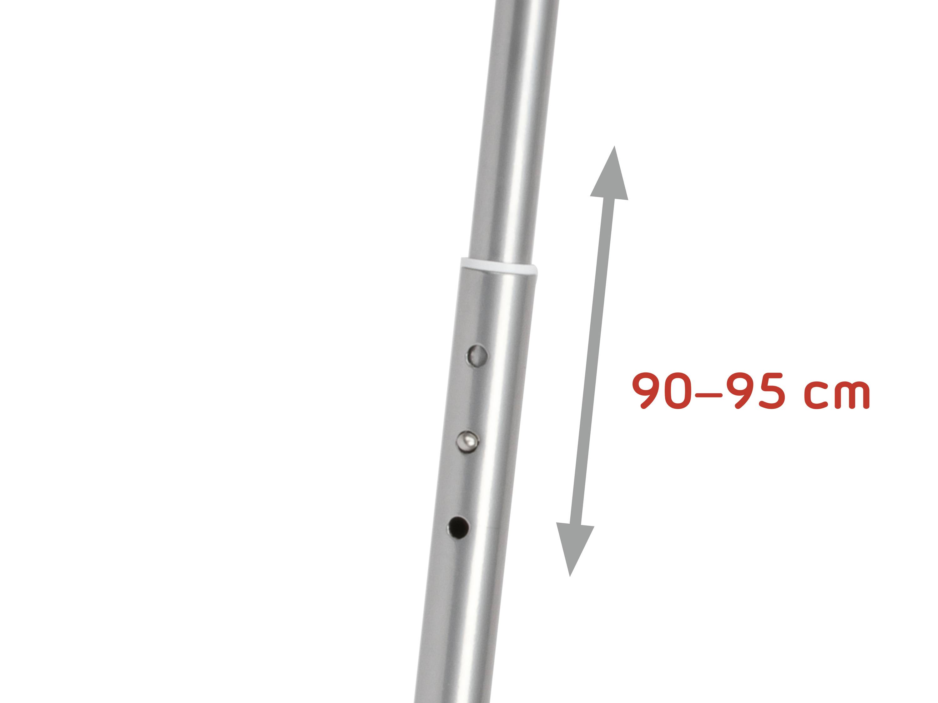 Verstellbarer Metallstab mit drei Löchern und einem Pfeil, der die Länge von 90 bis 95 cm anzeigt.