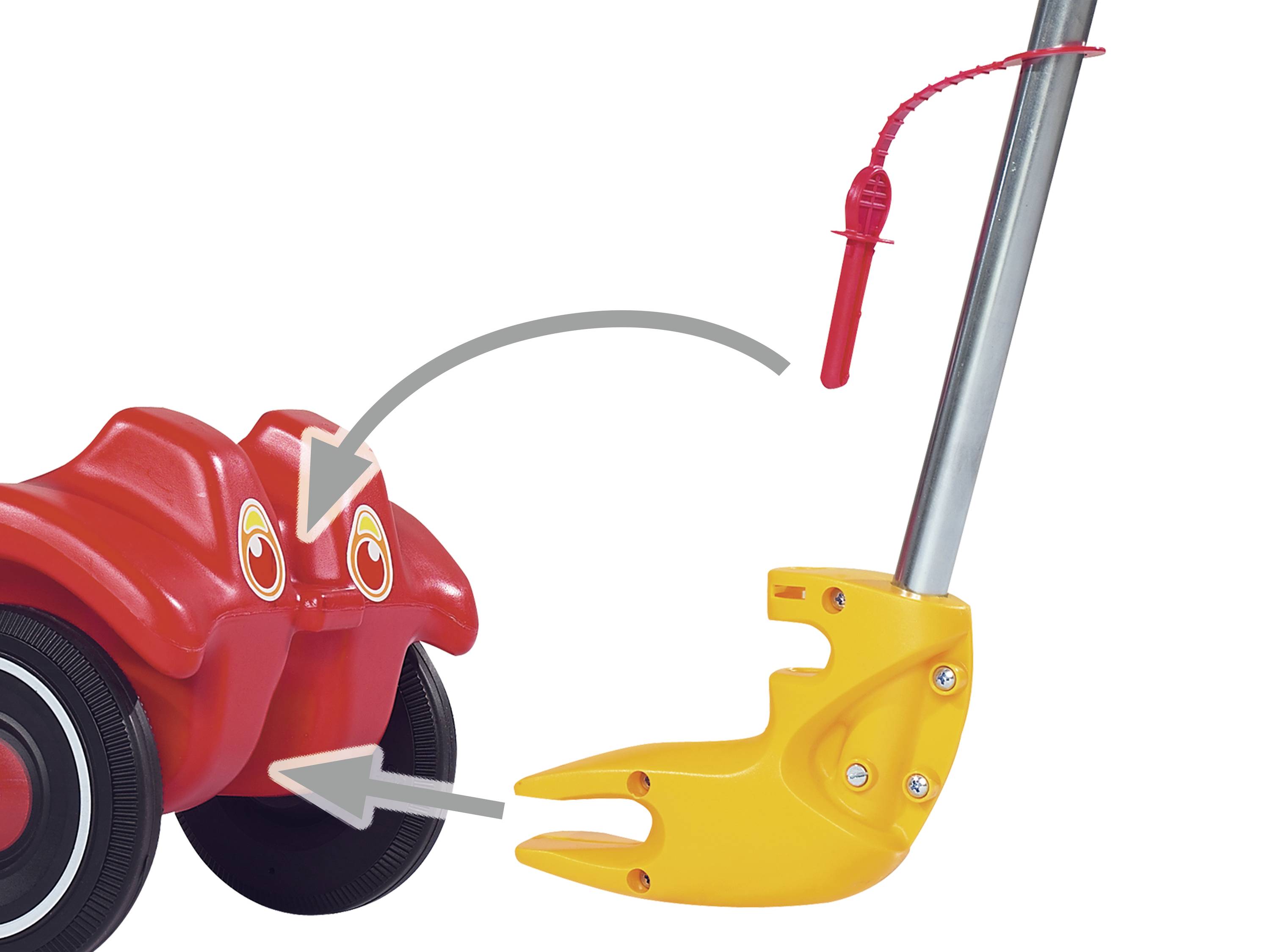 Roter Kinderwagen mit gelber Stange, verbunden durch Pfeile. Zeigt Montageprozess.
