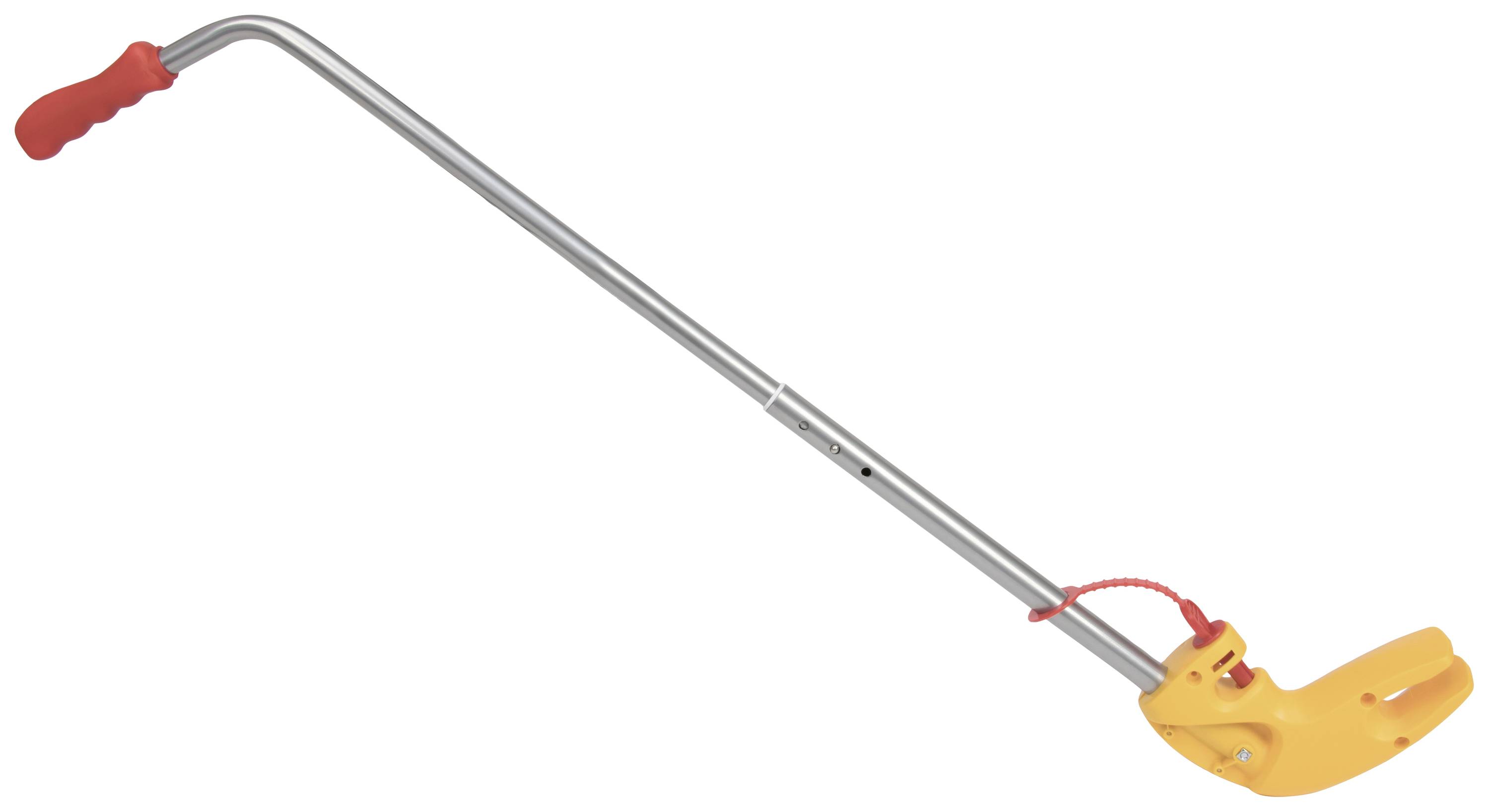 Ein orangefarbener Radkrallen-Schlüssel für Autoreifen mit langem, gebogenem Griff und rotem Kunststoffgriff.